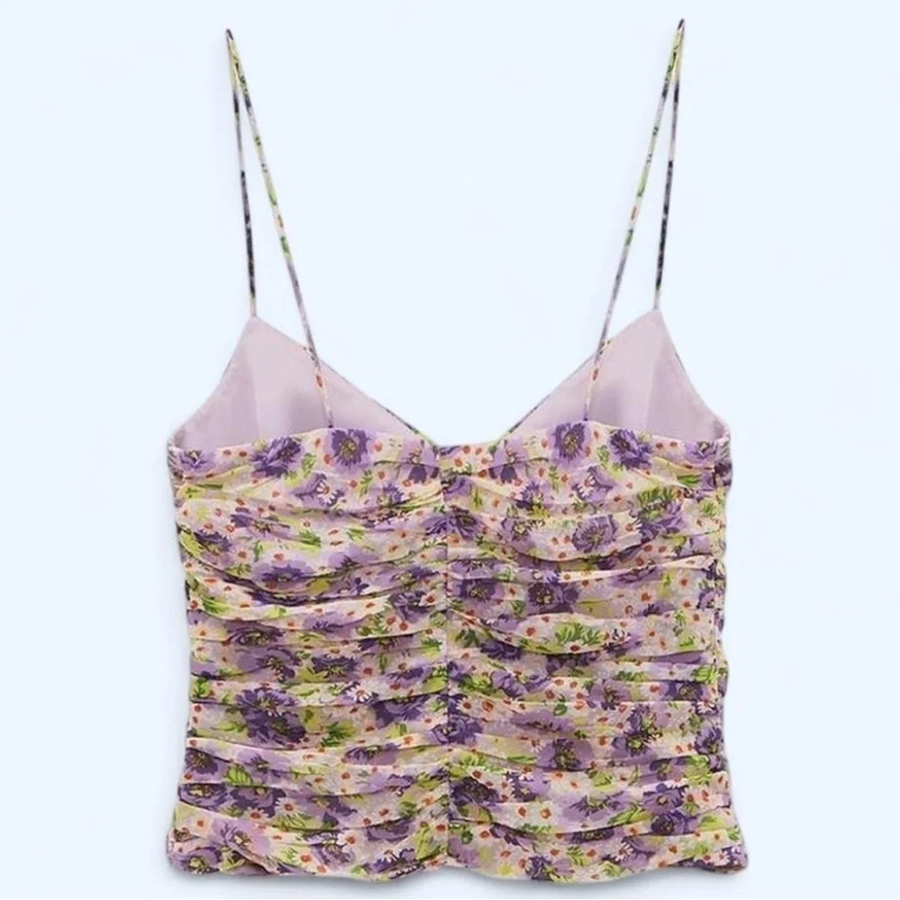Zara Purple Floral Ruched Crop Top Euro Summer Coastal XS - Picture 2 of 8